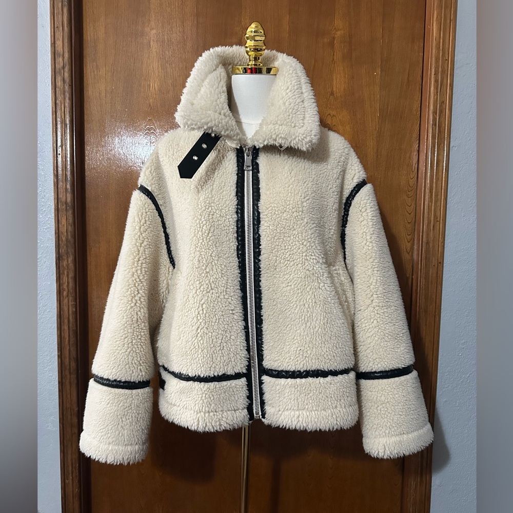 Zara Cream and Black Sherpa Faux Shearling Jacket Coat S